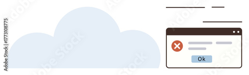 Cloud next to a browser popup showing an error message with an Ok button. Ideal for technology issues, cloud computing, error handling, troubleshooting, online issues, data security, UI design. A