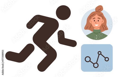 Simplified runner figure, circular woman avatar, and line graph suggest fitness progress, personal goals, and activity tracking. Ideal for health, sports, achievement, motivation progress apps