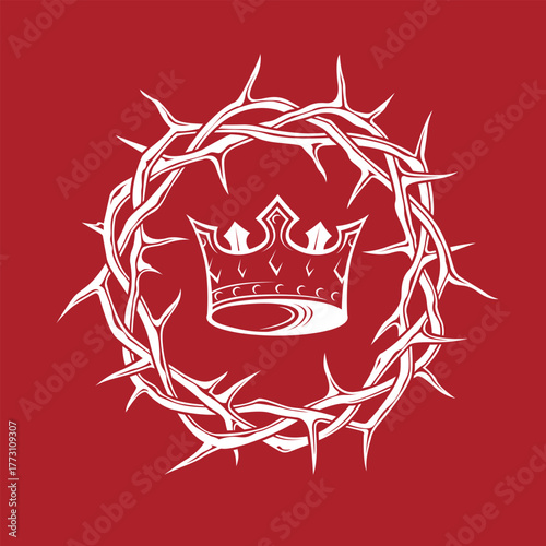white royal crown with thorns isolated on red background