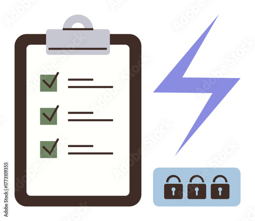 Clipboard with checklist, electric bolt, and three padlocks. Ideal for security, energy management, organization, compliance, task completion, safety measures simple flat metaphor