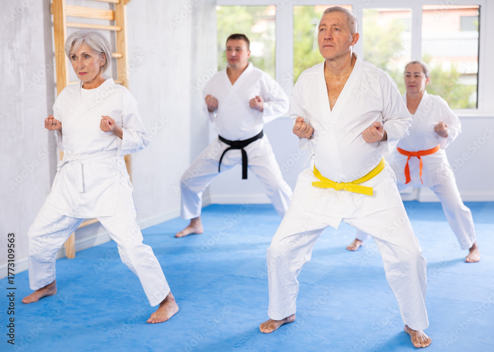 Naklejka premium Active mature man wearing kimono training karate techniques in group during workout session