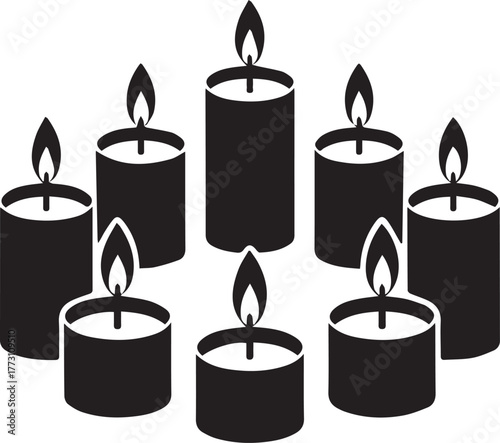 Group of lit black candles arranged in a circle on a light gray background