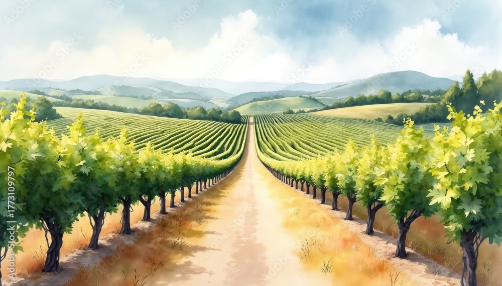 Fototapeta premium Watercolor illustration presents vineyard landscape in Tuscany. Rows of grape vines stretch along hills. Scenic vista of farm in vale with wine field with blue sky.
