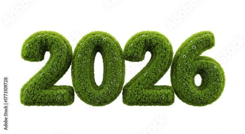 Green moss 2026 number with water droplets, eco-friendly new year concept