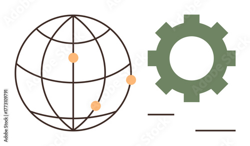 Globe with connection points next to a green gear representing globalization, innovation, and collaboration. Ideal for technology, teamwork, globalization, process, innovation, network integration