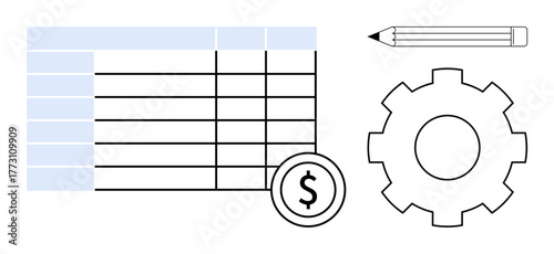 Spreadsheet table alongside dollar sign, cogwheel, and pencil combines data analysis, finance, planning, and productivity. Ideal for business, organization, finance productivity workflow