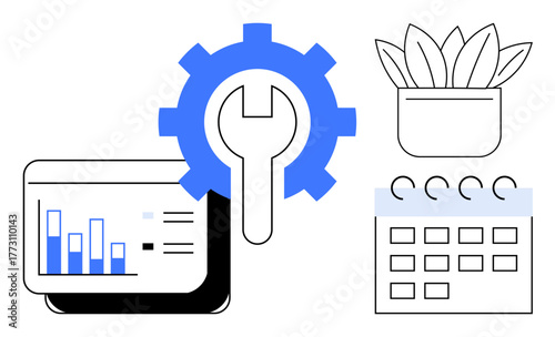 Analytics dashboard, gear with wrench, calendar, potted plant symbolizing growth and organization. Ideal for productivity, teamwork, data analysis, project management, planning innovation growth