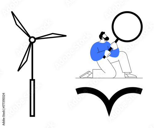 Male character kneeling with magnifying glass, examining wind turbine and abstract shapes. Ideal for research, innovation, sustainability, renewable energy, inspection, exploration, analysis simple