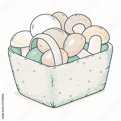 Hand-drawn basket filled with assorted mushrooms on white background  