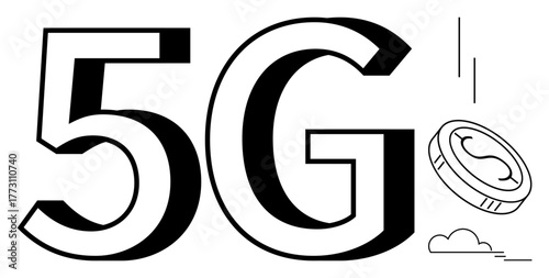 Bold 5G text with a falling coin, clouds, and motion lines depicting advanced technology and economic potential. Ideal for connectivity, innovation, speed, economy, investment, growth technology
