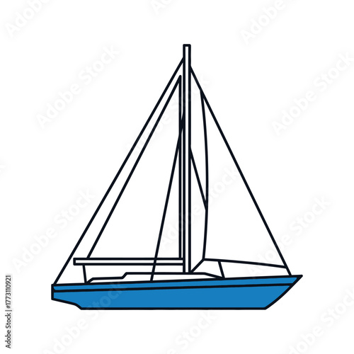 Blue sailboat icon with mast and rigging for nautical themes
