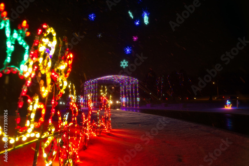 A colorful tunnel of lights serves as the entryway to a northeast Ohio city park Christmas lighting display.