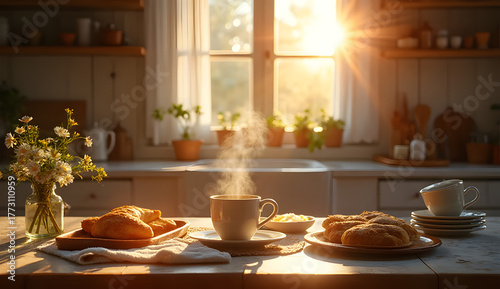 Wallpaper Mural Breakfast on a balcony or in the kitchen, with bread, fruit, coffee and juice, in the sunlight in a cozy setting. Torontodigital.ca