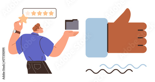 Man holding a star, giving 5-star feedback and a thumbs-up, next to a folder and wave lines. Ideal for customer satisfaction, review, feedback, quality, approval recognition productivity. Simple