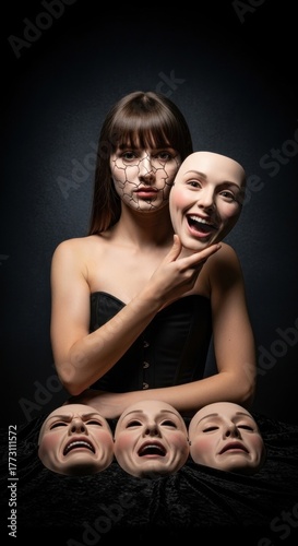 Young woman holding a happy face mask, her own face shows cracks, contemplating many emotional personas for social interaction and true self expression.