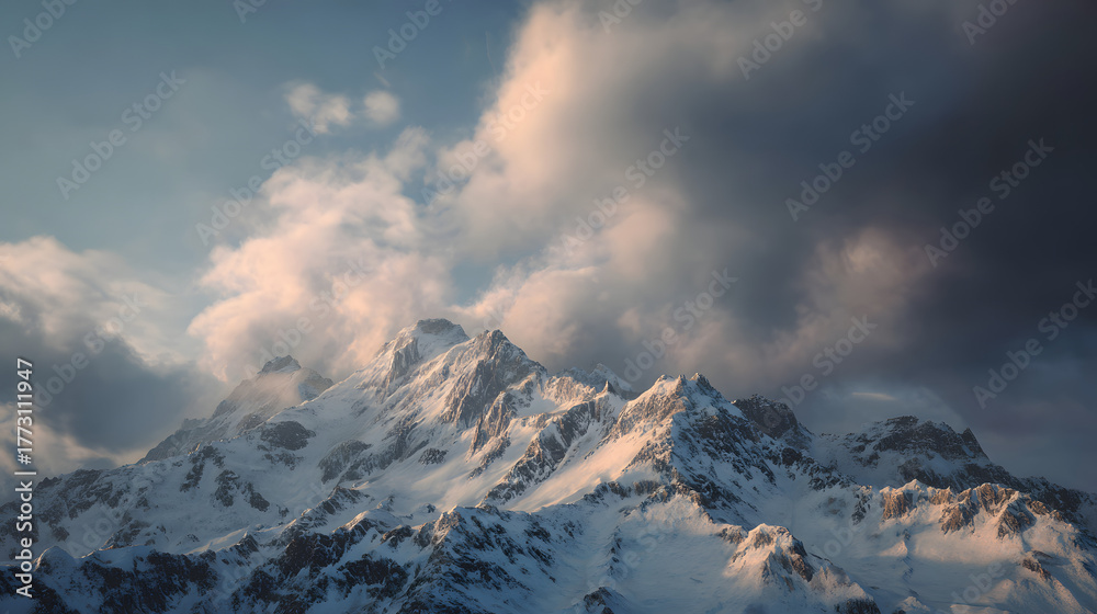 Fototapeta premium Snowy mountain range illuminated by soft evening light under dramatic clouds, capturing the serene beauty and grandeur of alpine wilderness