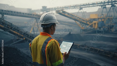 Mining Engineer Inspecting Coal Mine Operation Using Tablet Technology for Efficiency and Safety, Wearing Hard Hat and Safety Vest, Conveyor Belt System in Background.