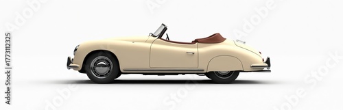3D illustration of vintage beige convertible car with brown leather seats, sleek curves isolated on white background. Retro automobile design with soft colors, matte finish. Classic cabrio vehicle