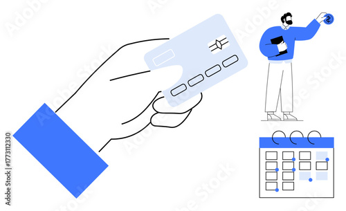Hand holding credit card, man holding clipboard with calendar, showcasing payment planning. Ideal for finance, business, organization, time management, digital banking scheduling efficiency. Simple