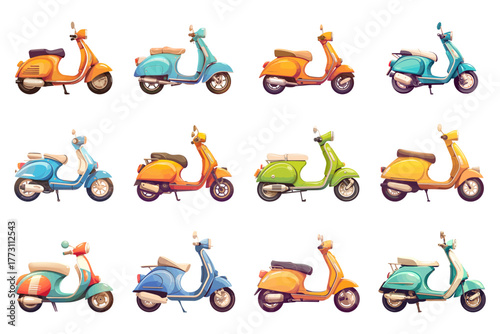 Set of cartoon scooters in different colors, vector illustration