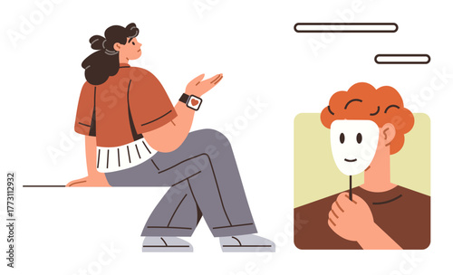 Woman sitting and gesturing while person holds mask to conceal true emotions. Ideal for communication, identity, psychology, relationships, trust, self-expression, simple flat metaphor