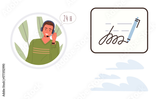 Smiling customer support agent speaking on the phone with 24-hour service symbol, paired with a pen signing document. Ideal for customer service, communication, assistance, efficiency
