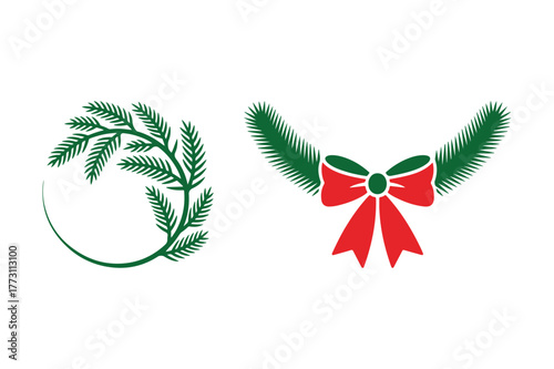 Christmas wreath elements with red bow and evergreen branches