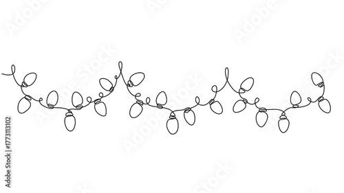 christmas lights continuous one line drawing animation, Video. Festoon, garland with bulbs drawing with one editable continuous line, Separating frame for banner. Animation on white background 4K.