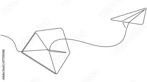Video. Drawing of continuous editable one line flying paper airplane and mail. Concept of sending emails for business and social media in simple linear style. Animation on white background 4K