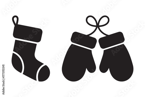Black silhouette of a christmas stocking and mittens