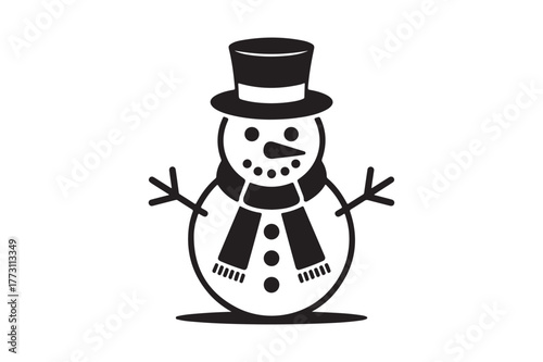 Classic black and white snowman with top hat and scarf