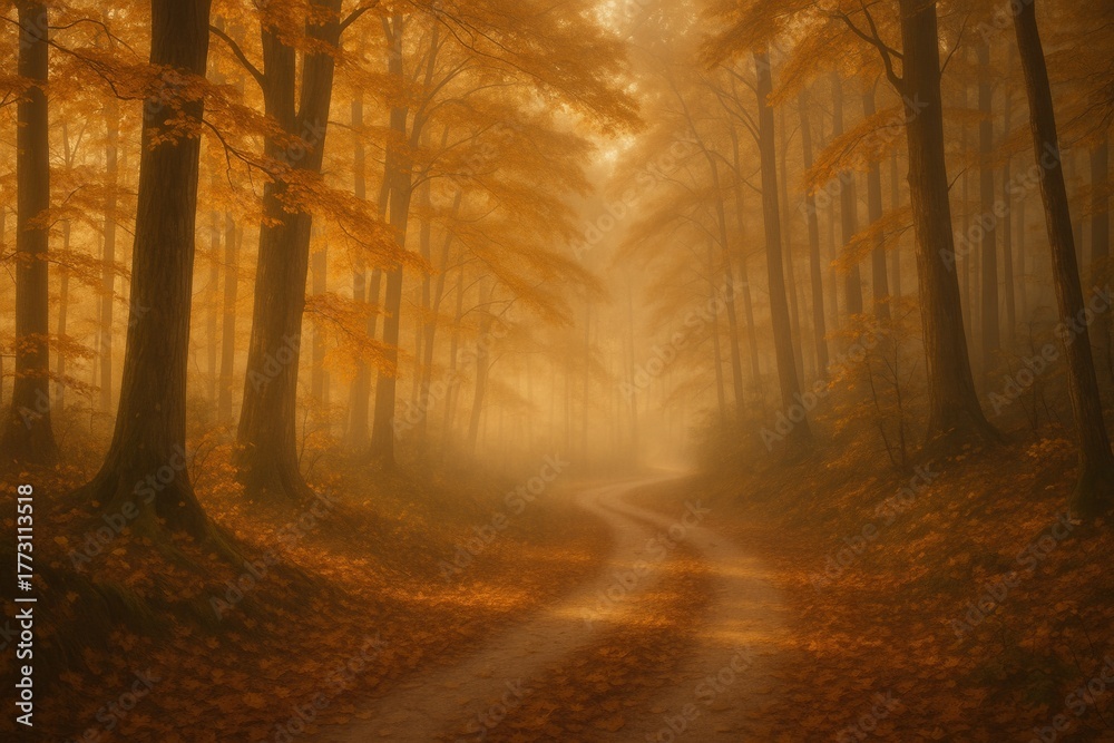 Obraz premium Sonnendurchfluteter Waldpfad mit goldenem Laub und sanftem Morgennebel
