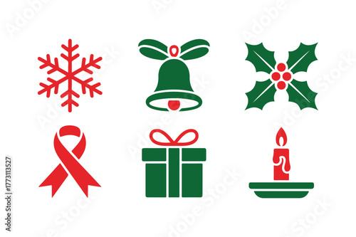 Collection of six festive christmas icons in red and green