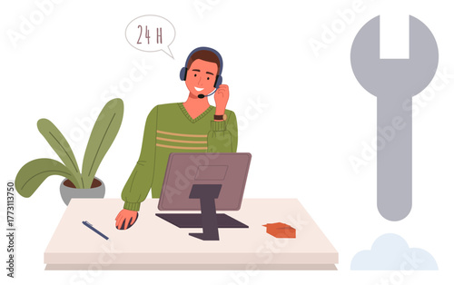 Customer service representative conversing via headset at computer desk with 247 support icon. Ideal for hotline, communication, technology, service assistance, troubleshooting, remote work, simple