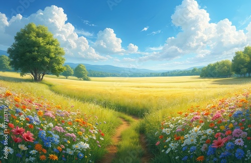 Fototapeta Naklejka Na Ścianę i Meble -  Scenic landscape photo of meadow with vibrant wildflowers blooming. The path leads to the field. Sunny day blue sky creates serene mood. Nature photo.