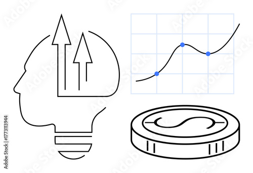 Human head with upward arrows, data chart with growth trend, and coin reflect innovation, performance analysis, and financial progress. Ideal for business, strategy, idea, growth finance education