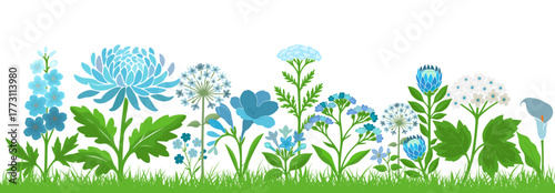 Blue flowers horizontal background grass. Hand drawn. Not AI, vector illustration