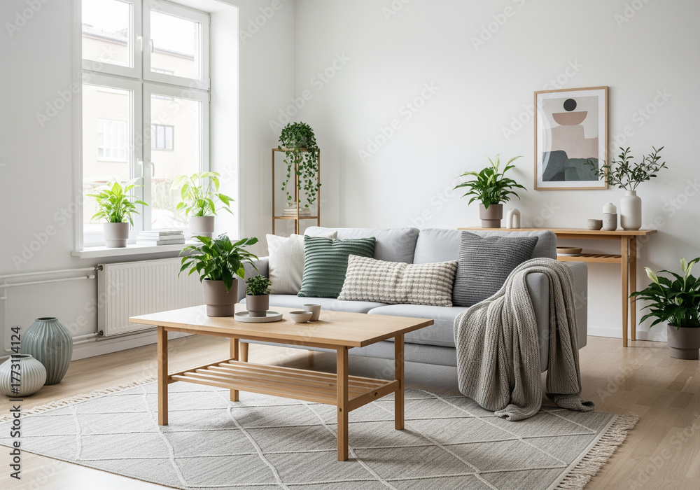 Obraz premium Nordic inspired living room with bright walls wooden furniture green plants and cozy sofa for simple design.