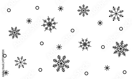 さまざまな形の雪の結晶が舞うシンプルな背景イラスト