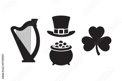 St patricks day icons harp top hat pot of gold shamrock