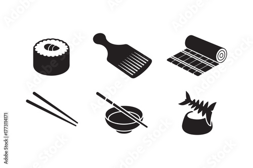 Sushi making tools and ingredients icons