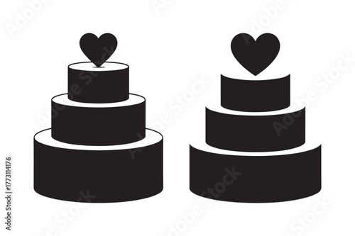 Two black silhouette tiered cakes with heart toppers