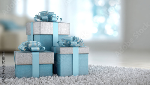 Stack of three blue gift boxes with silver ribbons tied around them. the boxes are arranged in a pyramid-like shape, with the top box slightly higher than the bottom one.
