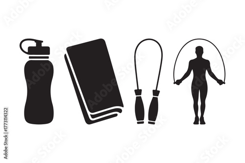 Fitness equipment icons water bottle towel jump rope and person