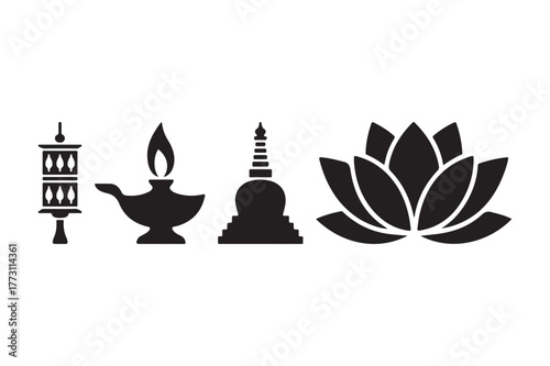 Buddhist symbols including prayer flag lamp stupa and lotus flower