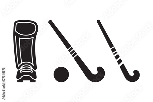 Field hockey equipment silhouette including shin guard stick and ball