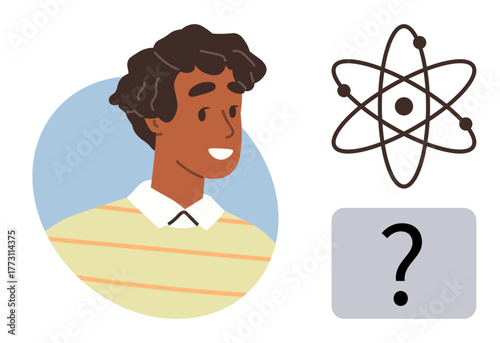 Smiling person next to atomic structure and question symbol representing curiosity, knowledge, and learning. Ideal for education, science, curiosity, learning process, creativity, inspiration