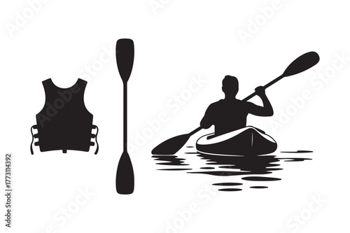 Silhouette of kayaker paddle and life vest on water