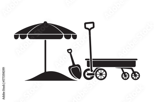 Beach umbrella shovel and wagon silhouette illustration