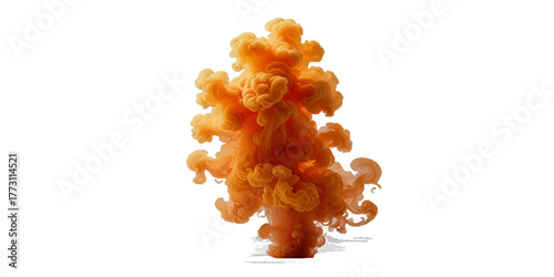 Orange color paint splash ink cloud liquid in water isolated transparent . Powerful cloud explosion, orange color spreads aggressively